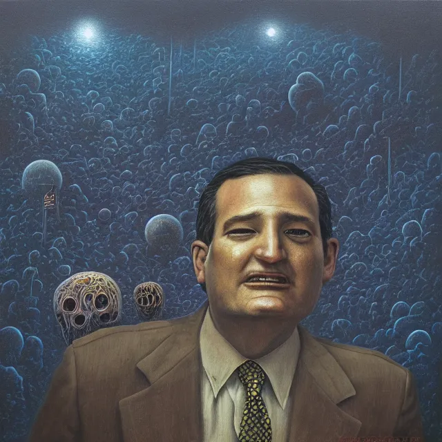 Image similar to an oil on canvas portrait painting of ted cruz, surrealism, surrealist, cosmic horror, rob gonsalves, beksinski, high detail