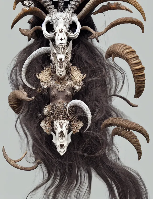 Image similar to 3 d goddess goat skull half - turn portrait with long hair with ram skull. beautiful intricately detailed japanese crow kitsune mask and clasical japanese kimono. betta fish, jellyfish phoenix, bio luminescent, plasma, ice, water, wind, creature, artwork by tooth wu and wlop and beeple and greg rutkowski