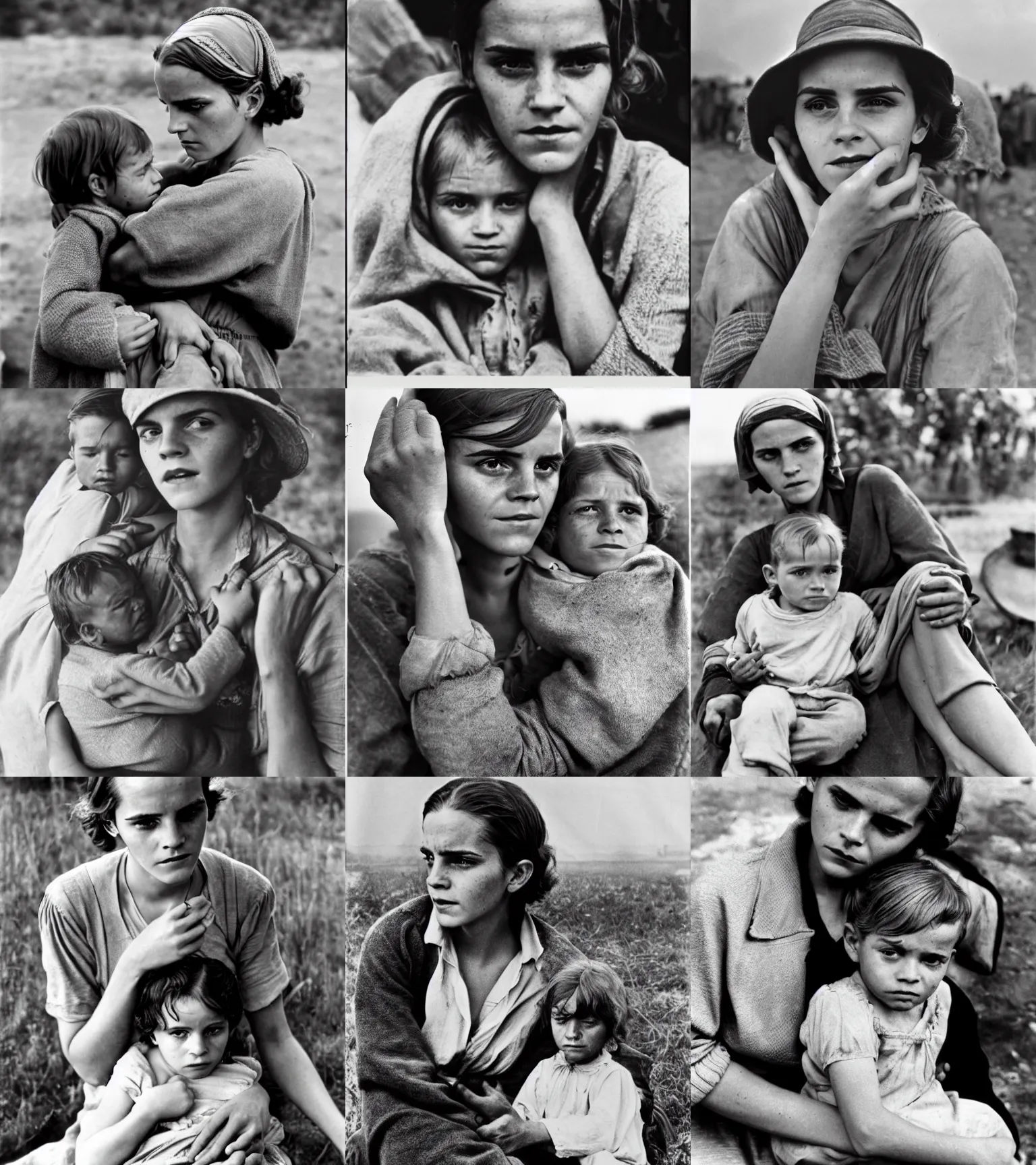 Prompt: Old, wrinkled Emma Watson as migrant mother, 1936 photo by Dorothea Lange