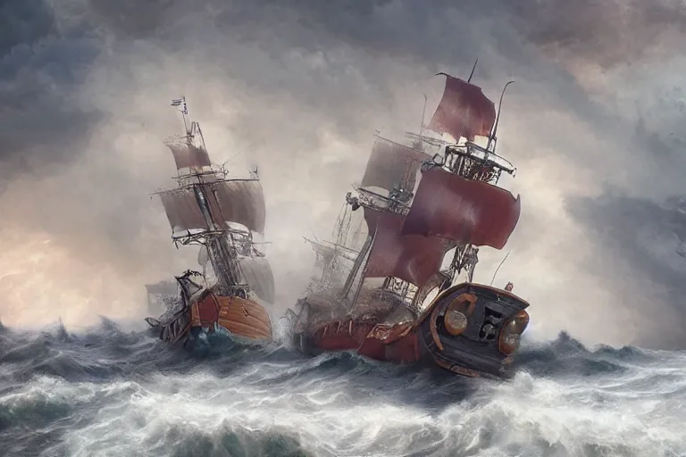 Image similar to epic pirate ship cannon battle in a storm, in the style of vernon grant and chris van allsburg, raging stormy sea, trending on artstation, bright tilt - shift camcorder effect, photoshop, retrowave, hyperrealism, octane, sharp focus, masterpiece