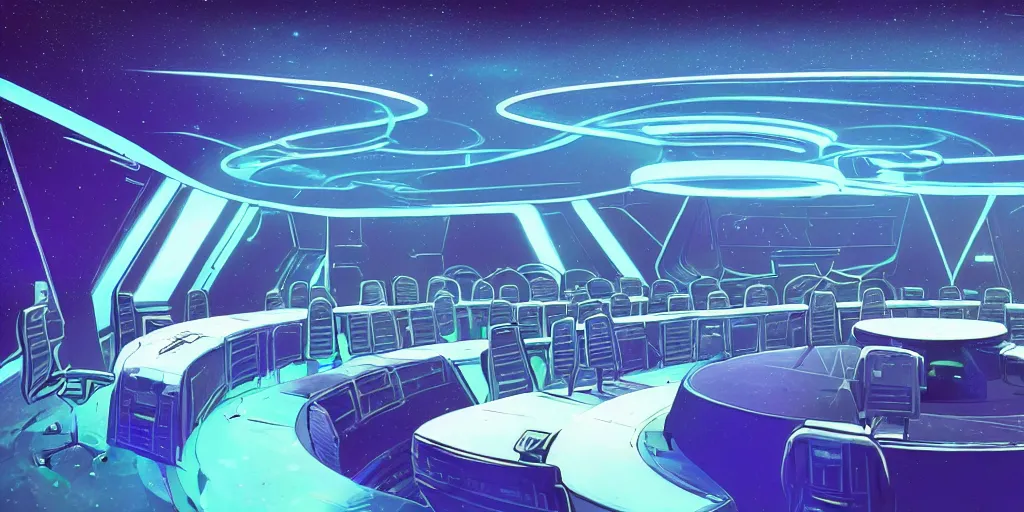 Image similar to a space ship circular meeting room with bright holodesk in the center showing a blue hologram of a solar system, dark people discussing, contrasted light, clair obscur, illustration, clean lines, star wars vibe, by sead mead, by moebius!!!, vivid colors, spectacular cinematic scene