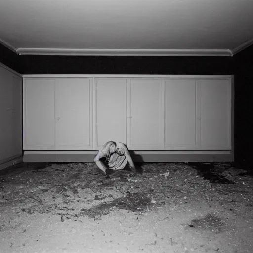 Image similar to Photograph of an empty room with a TV playing static at night, dusty, wood cabinets, extremely dark room, pitch black, sleep paralysis demon in corner, taken using a film camera with 35mm expired film, bright camera flash enabled, slightly foggy, award winning photograph, creepy, liminal space