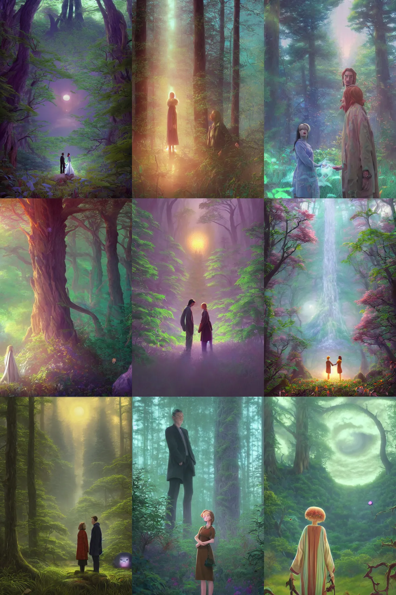 Prompt: Nature druid dreaming, character portrait Twin Peaks Movie poster, artwork by Chiho Aoshima, Donato Giancola, Craig Mullins, soft bokeh, a Rendering of a cinematic beautiful closeup moment of friends standing facing toward their love, full of details, Matte painting, trending on artstation and unreal engine by Makoto shinkai, James gilleard