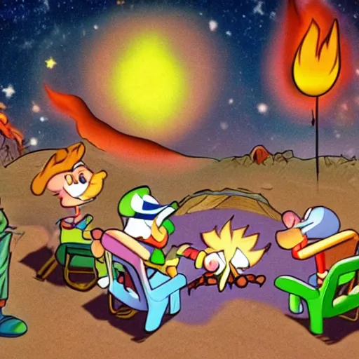 Prompt: tiny toons (1990) sitting around a campfire telling stories, photographic, 3D, UE5, ultra high textures, dark vignette, burning embers, nostalgic, muted colors, desaturated, volumetric, slightly drunk, candy rush, autochrome, tranquil, starry night, marshmallows, s'mores, 4K, 8K, HQ