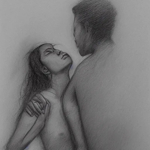 Prompt: dramatic event between lovers, pencil sketch, 2 man, almost stroking, tears, low water, white colors