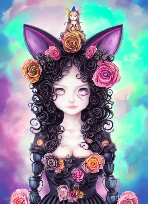 Image similar to dark fantastic illustration of beautiful cat girl witch with a robot, curls hair, rococo ruffles dress, rosette, symmetrical face, pastel rainbow, pearlescent, cute, fairy, rim light, by mai yoneyama, rolua, detailed background,, artstation, concept art, highly detailed, colorful, maximalist