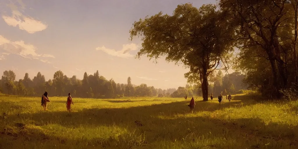 Prompt: summer landscape with beautiful girls walking, faint sunrise, lush field, forest, river, matte painting, by Isaac Levitan and Asher Brown Durand, Greg Rutkowski