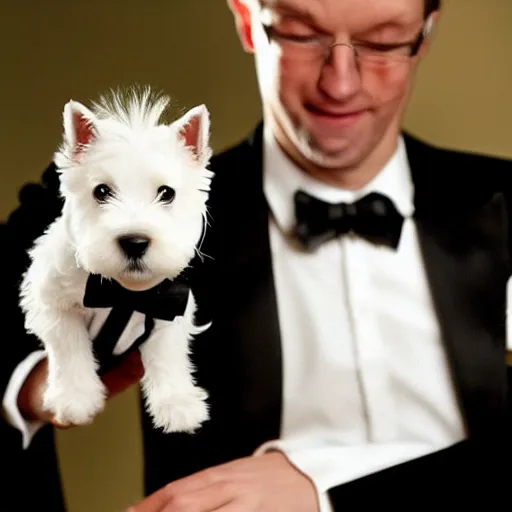 Prompt: West highland white terrier in a tuxedo drinking scotch