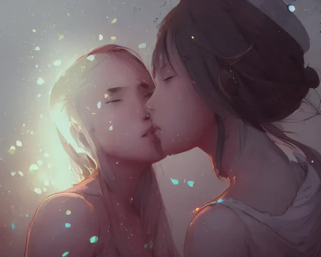 Image similar to two girls kissing and hugging, sharp details, sharp focus, elegant, highly detailed, illustration, by jordan grimmer and greg rutkowski and pine ( ハイネ ) and 薯 子 imoko and 香 川 悠 作 and wlop and maya takamura, intricate, beautiful, trending artstation, pixiv, digital art