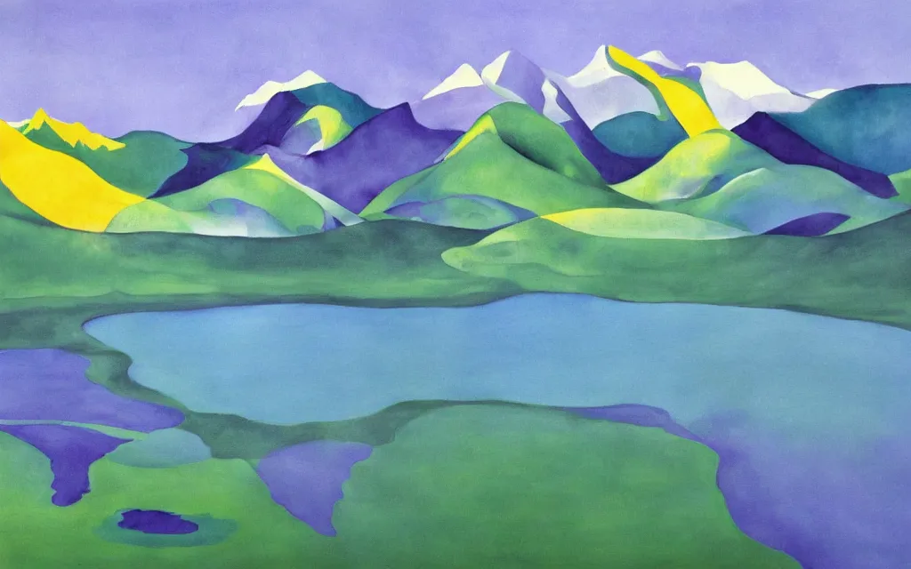 Image similar to the alps and reflection in a lake in the style of georgia o keeffe. colorful, wavy. painting. medium long shot. perspective. color palette of blue, yellow, purple, green. alpenguhen