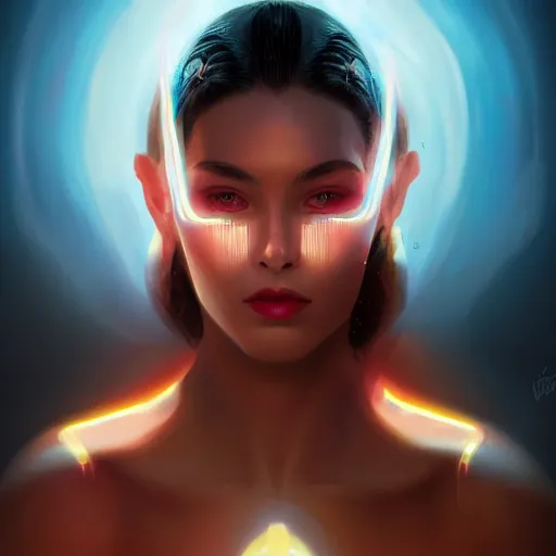 Prompt: head and shoulders portrait of modern darna, glowing translucent hologram of an ai woman, intricate, elegant, dark vibes, highly detailed, digital painting, artstation, glamor pose, concept art, smooth, sharp focus, illustration, art by wlop, mars ravelo and greg rutkowski