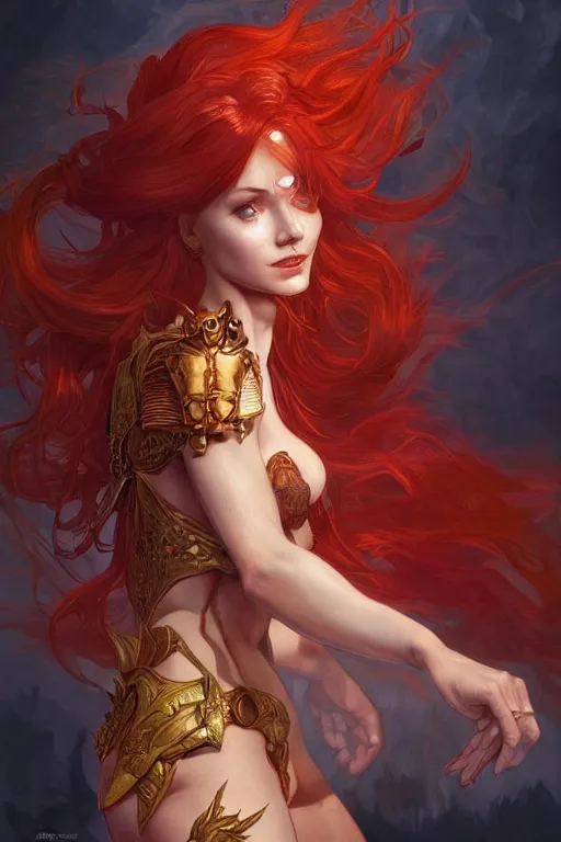 Image similar to portrait of a lithe stunningly beautiful red headed ifrit genie - kin paladin, female, upper body, fantasy, intricate, elegant, highly detailed, digital painting, artstation, concept art, sharp focus, illustration, art by artgerm and greg rutkowski and alphonse mucha