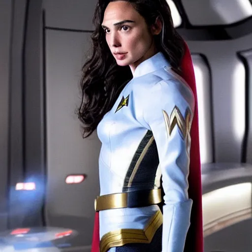 Prompt: Gal Gadot, wearing a regulation starfleet uniform, is the captain of the starship Enterprise in the new Star Trek movie