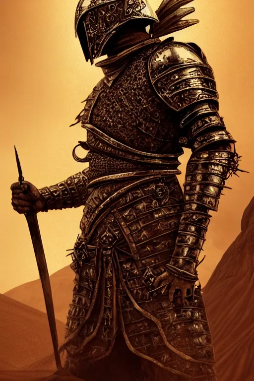 Image similar to the king in the desert, Medieval Warrior fighting in a dark scene, detailed scene, standing in a heroid figure, Armour and Crown, highly detailed, blood and dust in the air, action scene, cinematic lighting, dramatic lighting, trending on artstation, elegant, intricate, character design, motion and action and tragedy, fantasy, D&D, highly detailed, digital painting, concept art