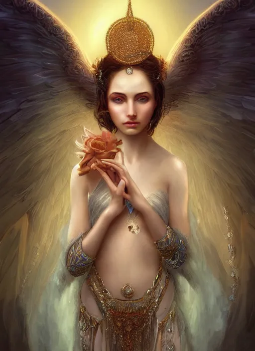 Prompt: A beautiful digital painting of a female angel full of jewels, princess, the sun behind her, intricate, cinematic lighting, highly detailed, digital painting, Artstation, concept art, smooth, sharp focus, illustration, art by Tom Bagshaw, Artgerm and Greg Rutkowski