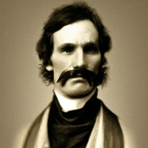 Image similar to A photograph portrait of Jerma985 with a pyramidal mustache in the early 1800s, taken in the early 1800s, 1840s, grainy, taken on a Field View Camera, realistic, hyperrealistic, very realistic, highly detailed, very detailed, extremely detailed, detailed, digital art, trending on artstation