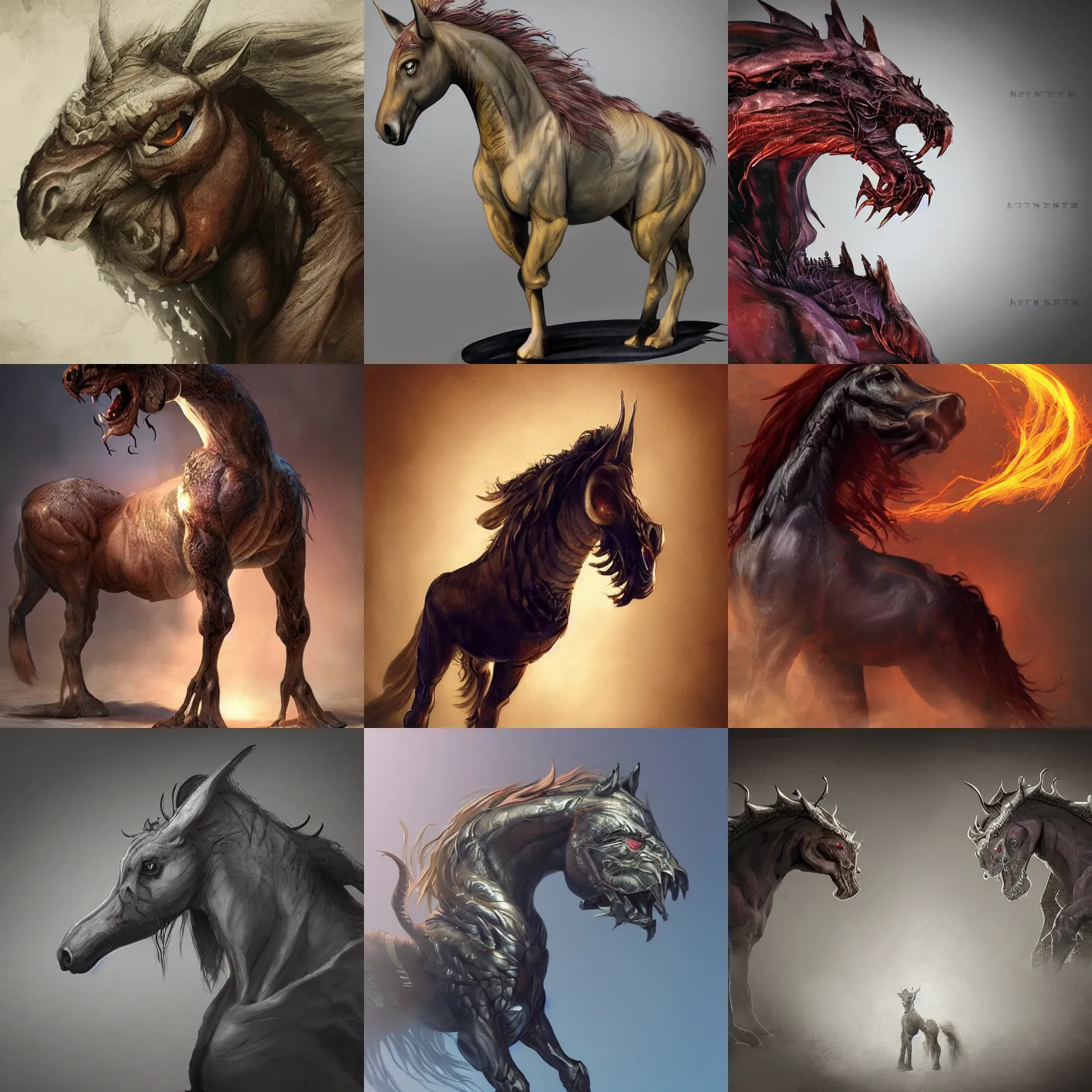 Prompt: studio photo of a dramatic lighting, character design of a horse monster trending on artstation. monster character,