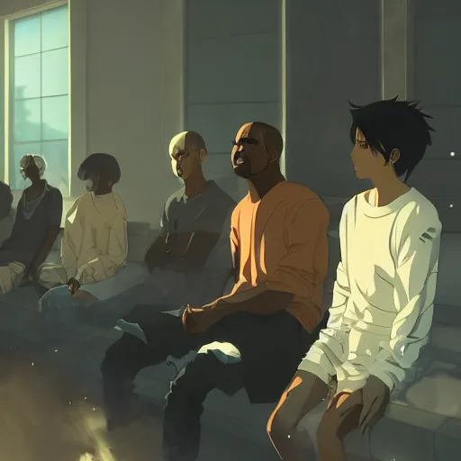 Prompt: Kanye West Listening Party, Artwork by Makoto Shinkai, official media, 8k, wallpaper, high definition, wallpaper, hd, digital artwork