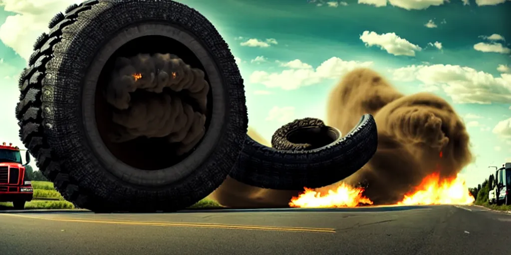 Image similar to A huge truck tire monster is rolling down the village destroying everything on its way. Dramatic, cinematic shot