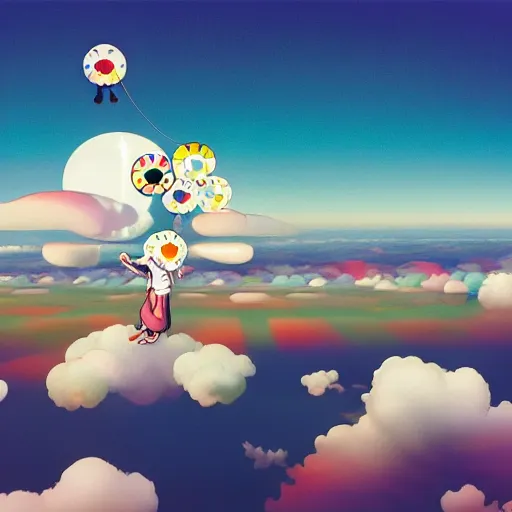 Image similar to a man walking on clouds away from the camera above kyoto by takashi murakami, beeple and james jean, aya takano color style, 4 k, super detailed, modern, 4 k, symmetrical