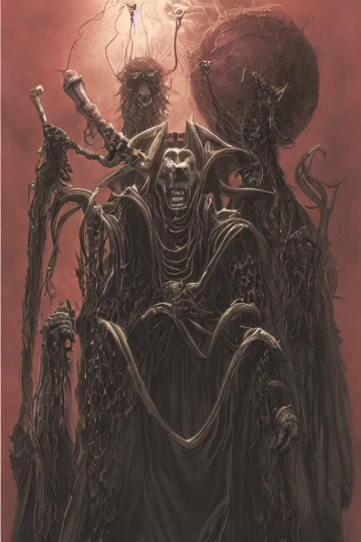 Image similar to portrait of vecna, drizzt, strahd von zarovich, sanguinius, asmodeus, orcus combined, painted by wayne barlowe