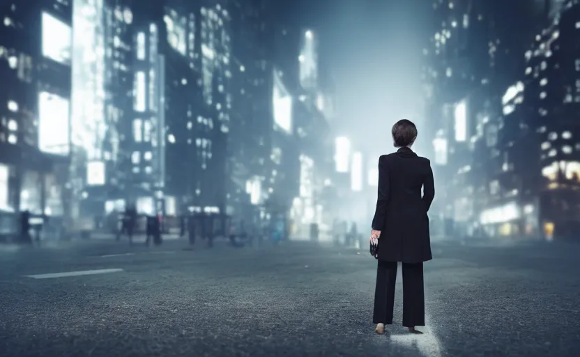 Image similar to a wide shot of a woman with a wool suit, very short hair, blurred face, wearing an omega speedmaster on her wrist in front of a crowded dystopian city full of people walking at night with fog and cyberpunk lights