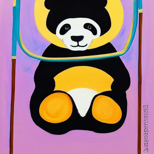 Image similar to beautiful and adorable and cute acrylic! impasto! painting of a sad, crying panda bear on a playground swing. by jeremiah ketner and studio ghibli