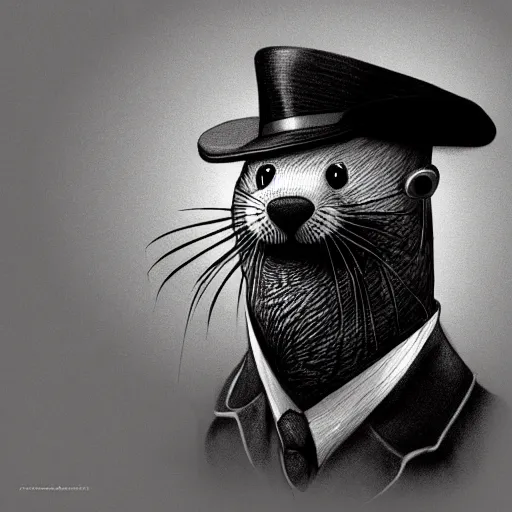 Prompt: anthropomorphic masculine otter in costume in a fedora hat, juanjo guarnido, alexandros pyromallis intaglio, concept art, highly detailed, eddotorial illustration, b & w, noir