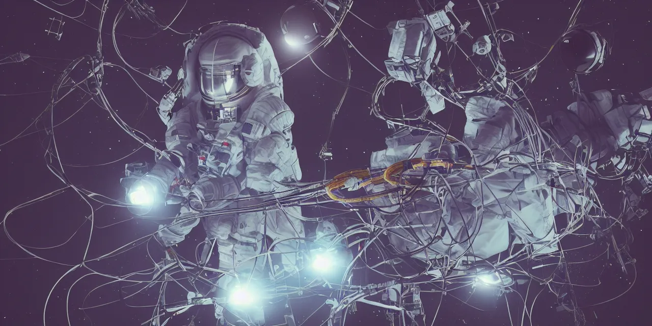 Prompt: astronaut entangled by a lot of cables, connected to a supercomputer designed by Dieter Rams, cinematic lighting, haze, octane render, lens flare