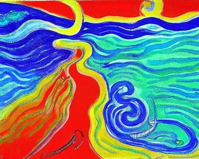 Image similar to Ocean waves in a psychedelic dream world. DMT. Curving rivers. Landscape painting by Edvard Munch. David Hockney. Peter Max.