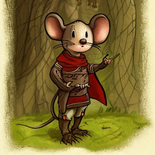 Prompt: an adventurous anthropomorphic mouse wearing medieval clothing walking through a lush forest, low light, concept art, style of Brain Froud