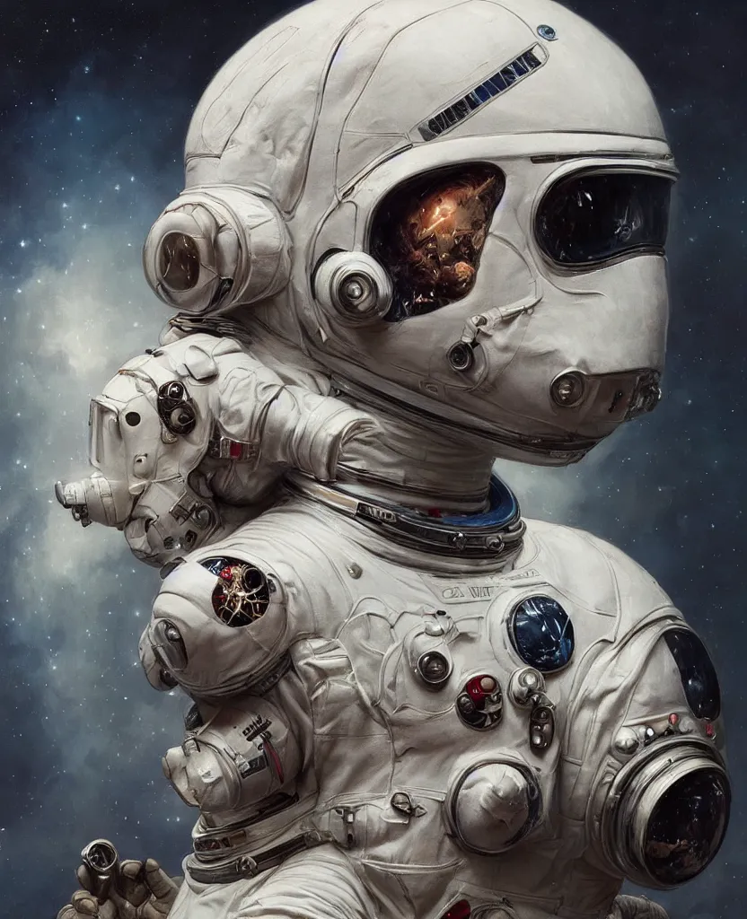 Image similar to realistic photography of an alive deformed, double headed astronaut wearing torn space suits, scared face behind the snoopy cap, deep focus, intricate, elegant, highly detailed, foggy, misterious, digital painting, artstation, concept art, matte, sharp focus, art by artgerm and greg rutkowski and alphonse mucha