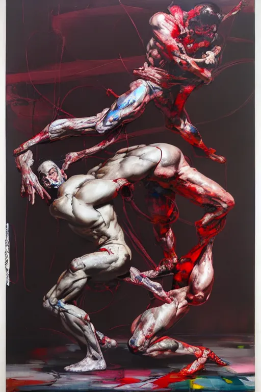 Prompt: two muscular men entwined, floating inside a brutalist space ship, gothic, rich deep colours, painted by francis bacon, adrian ghenie, james jean and jenny saville, part by gerhard richter, part by takato yamamoto. 8 k 3 d