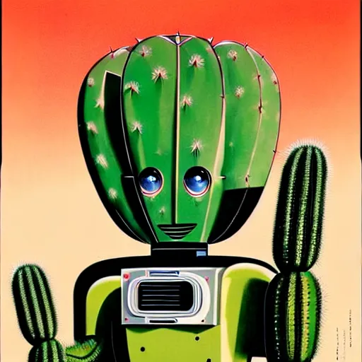 Prompt: 1950s retro cactus robot movie poster, without text. Bionic Arms and eyes. muted colours. by Jean-Baptiste Monge, wide shot