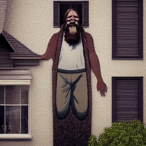 Prompt: long bearded man sliding down the gutter on the side of a house, coherent. cinematic, hyper realism, high detail, 8 k