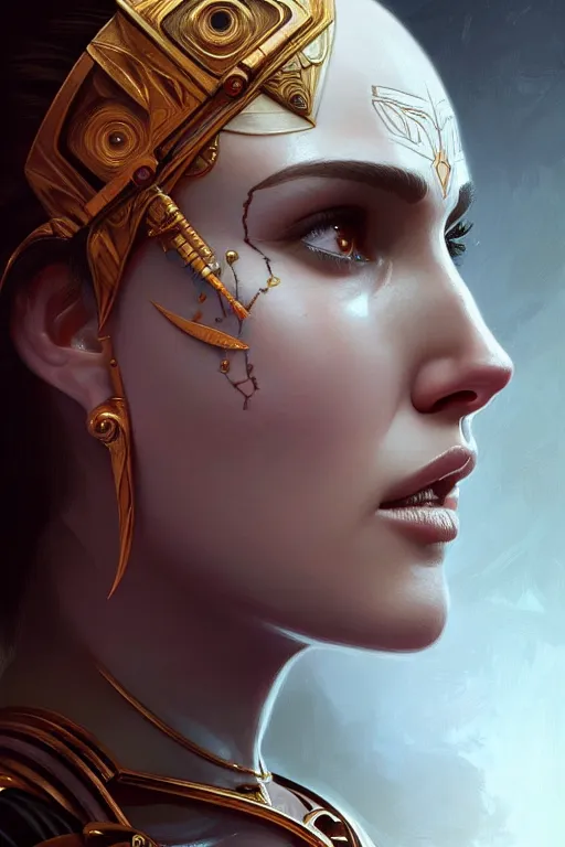 Image similar to symmetry!! portrait of natalie portman in the style of god of war, machine parts embedded into face, intricate, elegant, highly detailed, digital painting, artstation, concept art, smooth, sharp focus, illustration, art by artgerm and greg rutkowski and alphonse mucha, 8 k