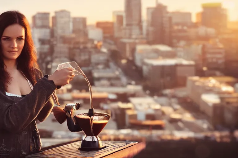 Prompt: hyperrealistic portrait of stunningly beautiful female nordic barista scarlet Johnson , brewing a V60 coffee outdoor, lit by dawn light, busy city on background, trending on artstation,ultrawide angle, f8 , polarizer , unreal engine