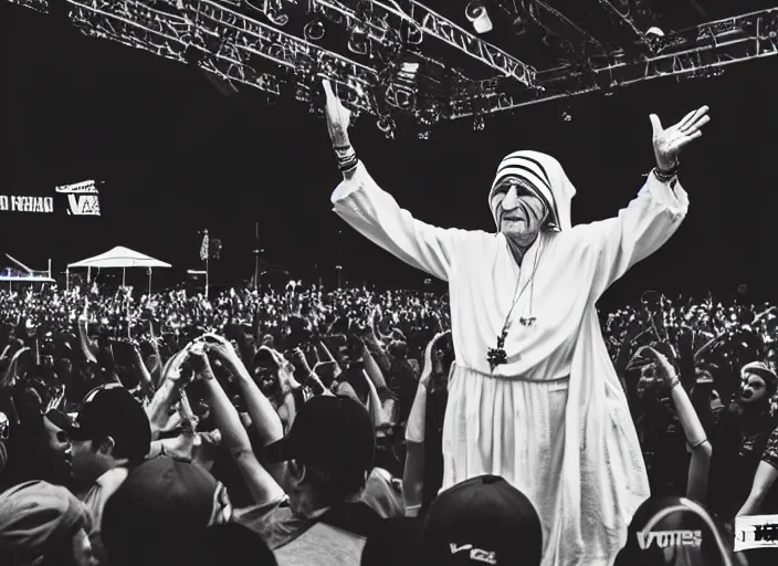 Image similar to photo still of mother teresa on stage at vans warped tour!!!!!!!! at age 4 8 years old 4 8 years of age!!!!!!! throwing roseries to the crowd, 8 k, 8 5 mm f 1. 8, studio lighting, rim light, right side key light