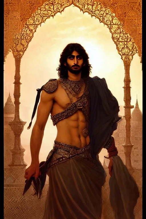 Image similar to Beautiful portrait of a Persian Prince who is a warrior, handsome prince of persia, face painting, attractive young man, persian style architecture, dramatic lighting, intricate, wild, highly detailed, digital painting, artstation, concept art, smooth, sharp focus, illustration, art by artgerm and greg rutkowski and alphonse mucha, footage from space camera