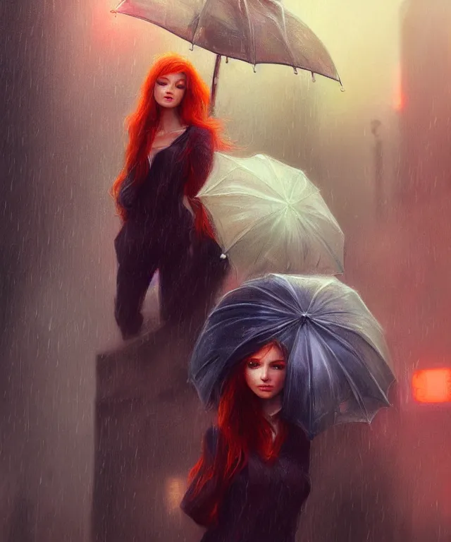 Prompt: cute woman in new york while raining, perfect face, cinematic, elegant, ginger hair, umbrella, highly detailed, psychedelic, digital painting, artstation, smooth, hard focus, illustration, art by jessica rossier and and brian froud