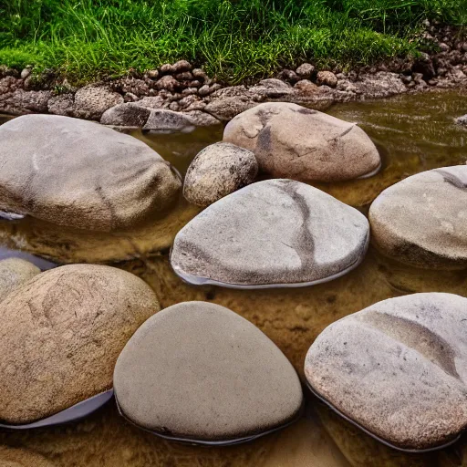 Image similar to detailed carving hunger stones in a river, photographic journalism, realistic, european river, ancient writing