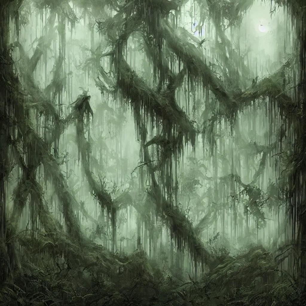 Image similar to a dark haunted swampy jungle forest at midnight, upward cinematic angle, thick mist, by Bernie Wrightston, Bill Sienkiewicz and Rodney Matthews, ghostly low light, stunning composition, intricate, elegant, digital art, hyperdetailed, full color mixed media painting, hyperrealistic, sharp focus, 8k