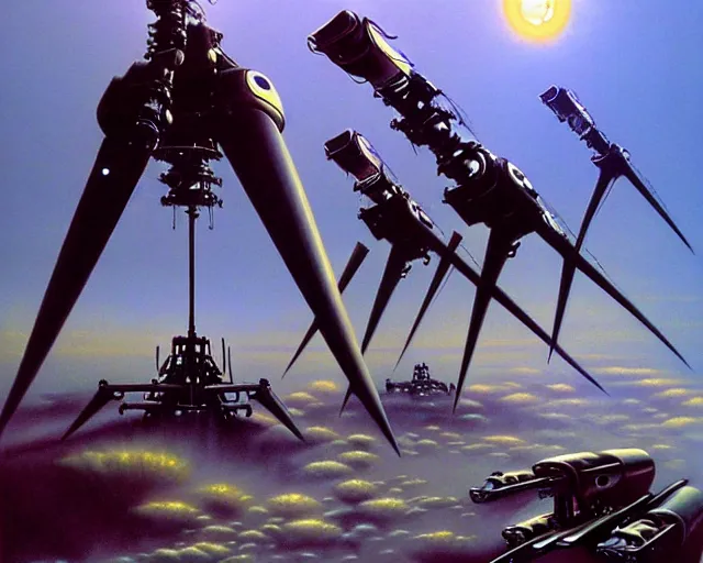 Image similar to The tripods, sci-fi cinematic scene by Jim Burns