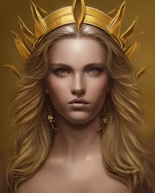 Image similar to front view of beautiful super model aphrodite greek goddess wearing a gold laurel wreath and triangle earrings, realism tattoo sketch, beautiful piercing gaze with sharp pupils, beautiful blonde hair, in the style of greg rutkowski, fantasy, amazing detail, epic, elegant, smooth, sharp focus