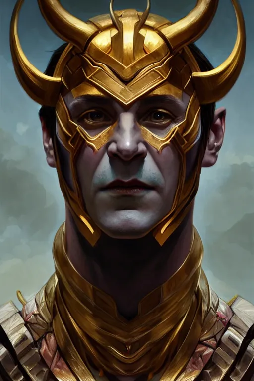 Image similar to symmetry!! portrait of loki in the style of god of war, machine parts embedded into face, intricate, elegant, highly detailed, digital painting, artstation, concept art, smooth, sharp focus, illustration, art by artgerm and greg rutkowski and alphonse mucha, 8 k