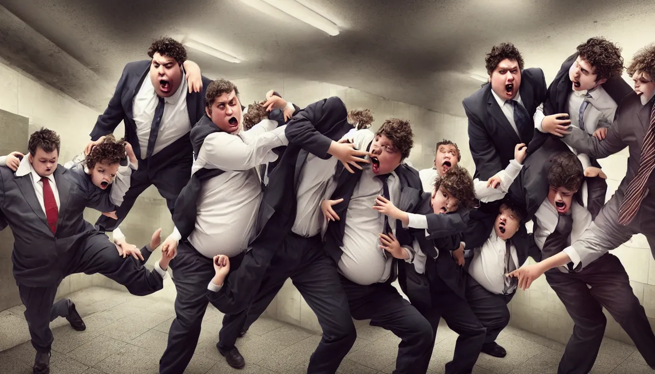 Prompt: disheveled children and and obese men in suits fighting in a squalid subway over half eaten fast food, hyper realistic photo, full colour, upscale, 8 k