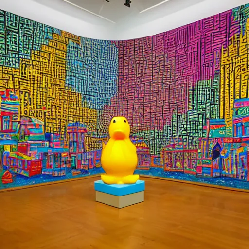 Prompt: wide shot, one photorealistic rubber duck in foreground on a pedestal in an art gallery, the walls are covered with colorful geometric wall paintings in the style of sol lewitt, tall arched stone doorways, through the doorways are more wall paintings in the style of sol lewitt.