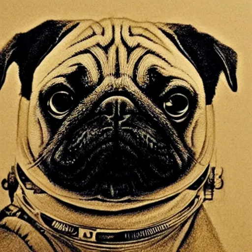 Image similar to pencil art, golden - ratio, spirals, highly detailed, astronaut pug in outer space by davinci.