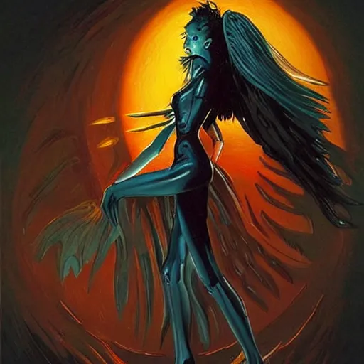 Prompt: painting in style of michael whelan, the super hot, dark angel of coffee