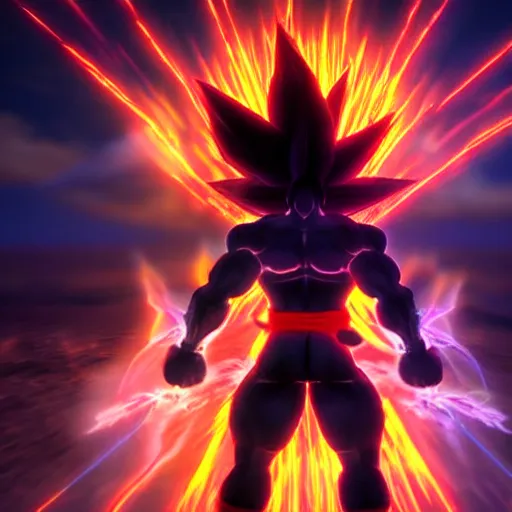 Prompt: full shot of angry darkness warrior style goku super saiyan at moonlight, snowing, lightning bolt, eruption, detailed, unreal engine 4k volumetric light, fog,